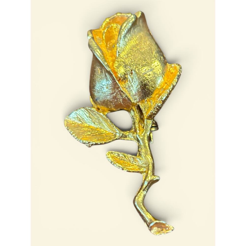 Gold Rosebud Brooch Signed FA 1960s Textured Floral Stem Pin